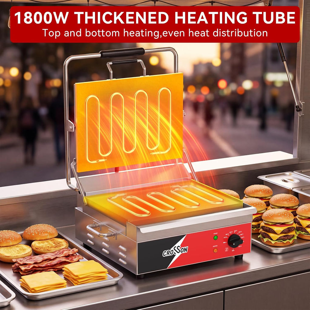 CROSSON Parrilla Panini eléctrica comercial plana con certificación ETL de 15 x 11 pulgadas, placa superior con bisagras de nivelación automática Panini Press Sandwitch Maker