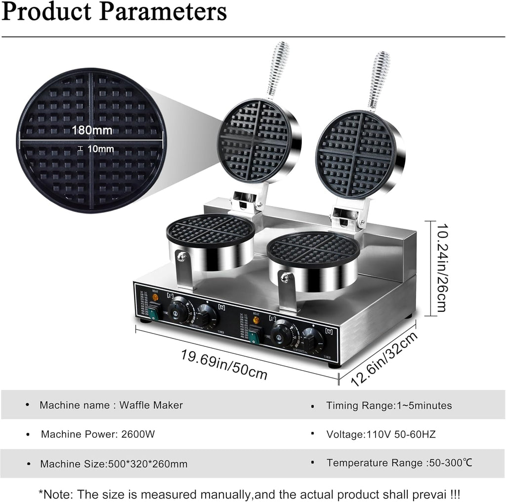 Máquina de gofres doble comercial de 110 V y 2600 W, antiadherente, de acero inoxidable, para restaurante, fiesta, puesto de alimentos, panadería, cafetería, bar, familia