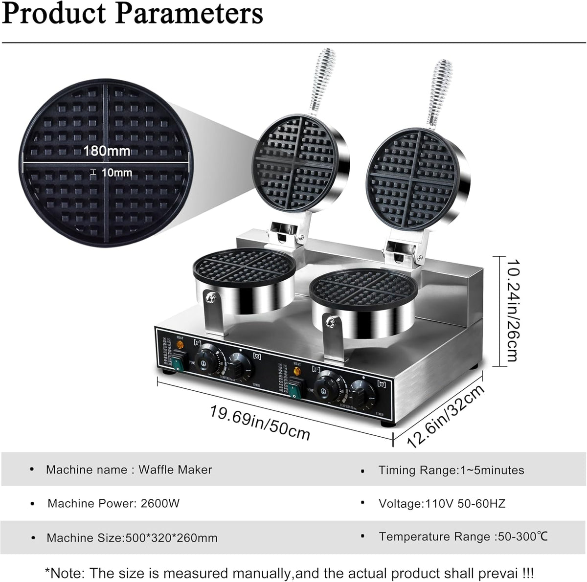 Máquina de gofres doble comercial de 110 V y 2600 W, antiadherente, de acero inoxidable, para restaurante, fiesta, puesto de alimentos, panadería, cafetería, bar, familia
