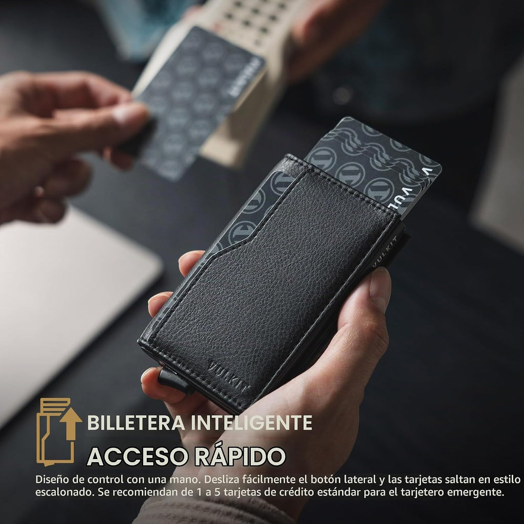 Cartera con tarjetero VULKIT con bloqueo RFID, diseño minimalista, con ventanas dobles para identificación, cartera desplegable para 12 tarjetas, Negro, Talla única, Minimalista