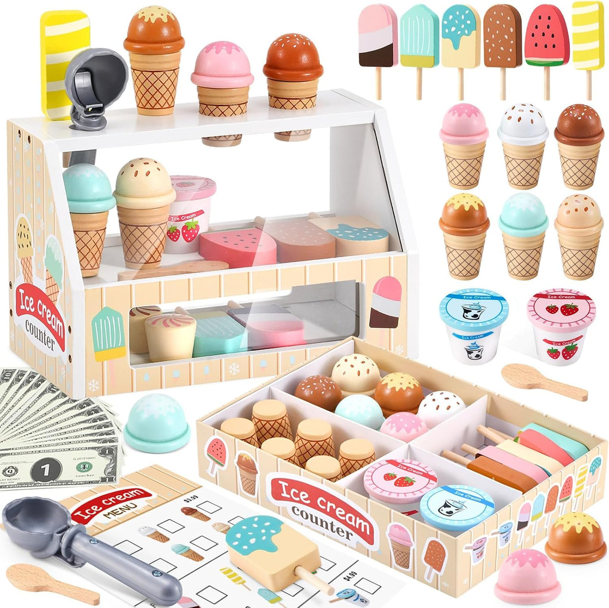 WHOLL - Juguetes de madera para helados para niños, juguete de simulación para niños pequeños, accesorios de cocina con cuchara, menú, juego de helado de cumpleaños para niños y niñas de 3, 4, 5, 6 años
