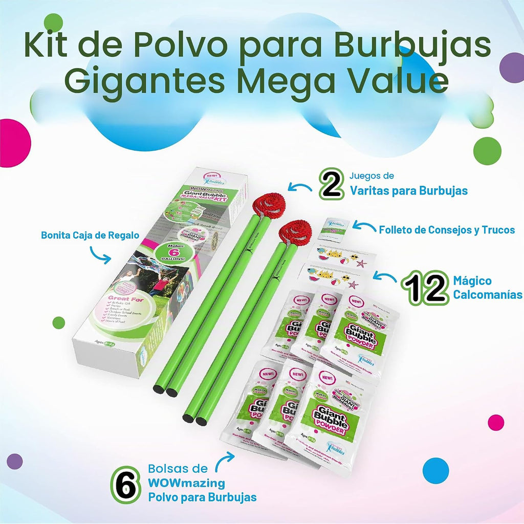 Kit de burbujas grandes de gran valor: 2 varitas de burbujas grandes, paquete de 6 unidades de polvo de burbujas grandes (hace 6 galones) | Juguete al aire libre para niños, niñas | Polvo