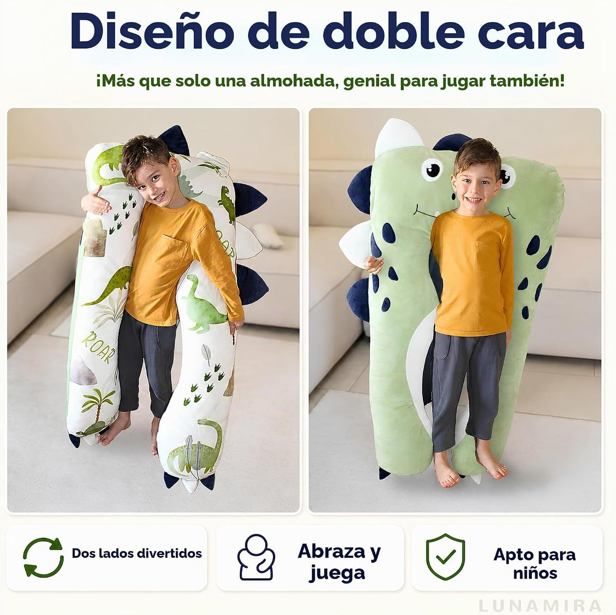 Almohada para cuerpo de niños con forma de dinosaurio - 119 cm en forma de U de felpa larga y suave para niños, para dormir, leer, comodidad para TDAH y necesidades especiales, ansiedad