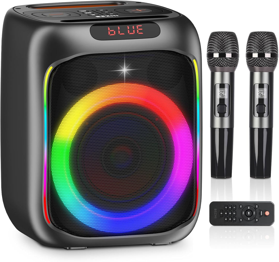 Máquina de karaoke con 2 micrófonos inalámbricos, altavoz Bluetooth...