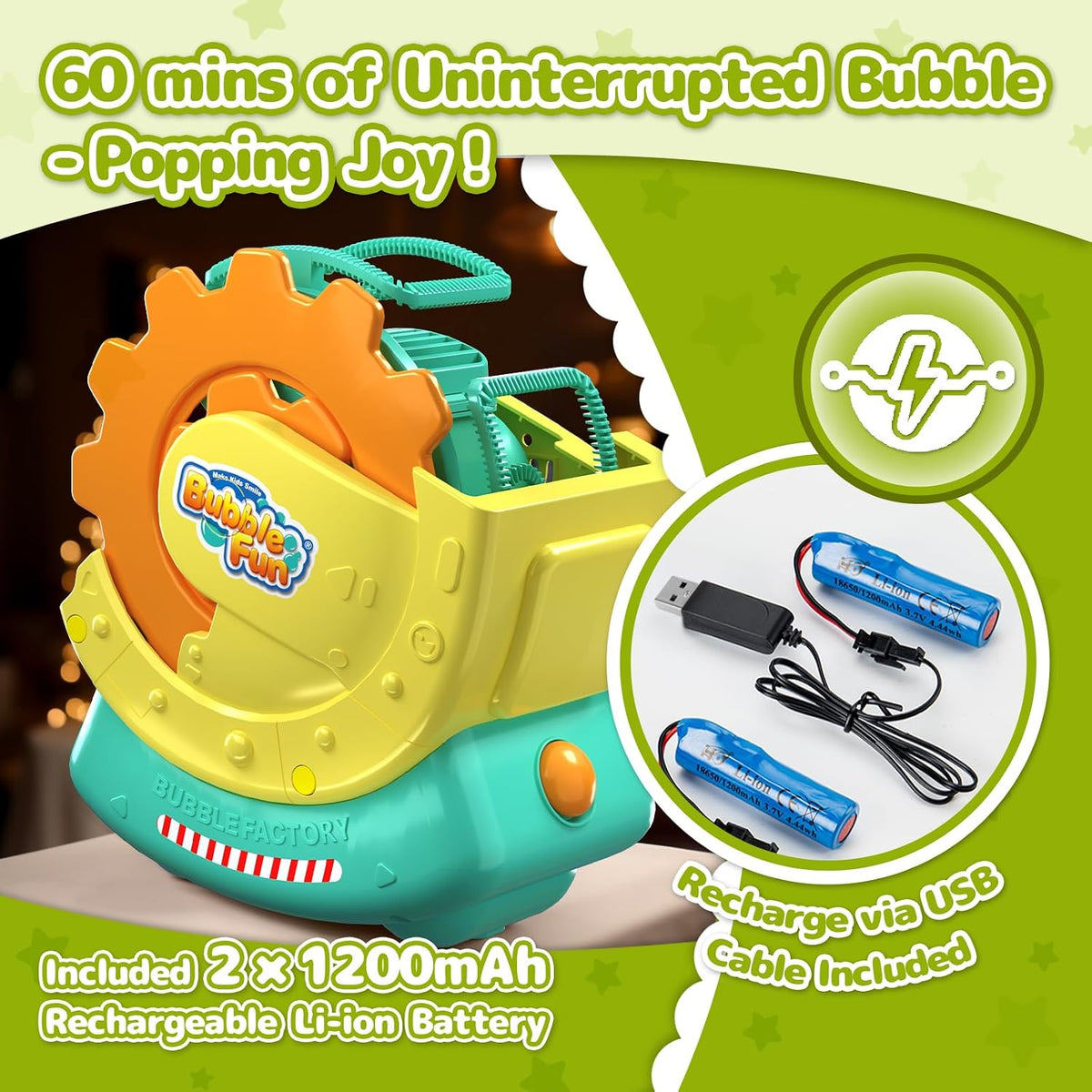 Máquina de burbujas recargable para niños, burbujas grandes con burbujas en