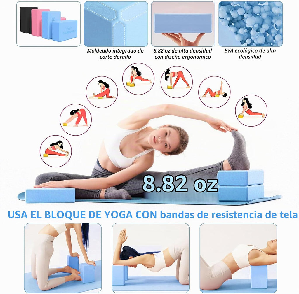 Alfombrilla de yoga gruesa, 6 bandas de resistencia de tela, paquete de 2 bloques de yoga, equipo de entrenamiento en casa, kit básico de inicio para principiantes de tonificación de cuerpo