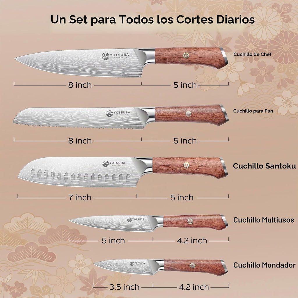 YOTSUBA Juego de 5 cuchillos de cocina japoneses con mango ergonómico de