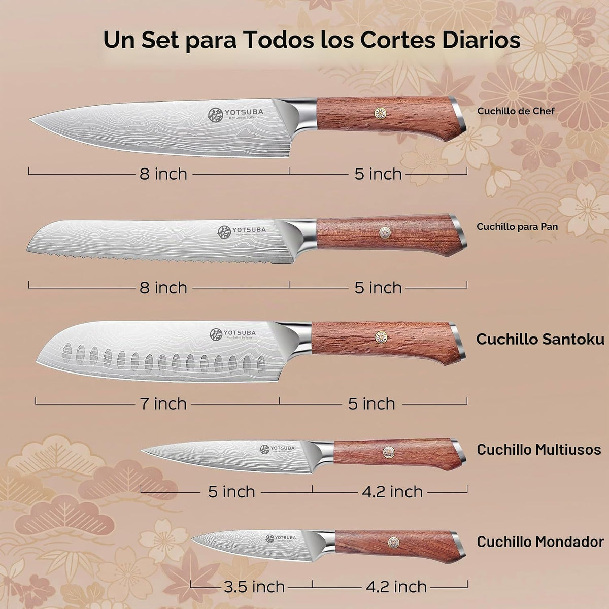 YOTSUBA Juego de 5 cuchillos de cocina japoneses con mango ergonómico de
