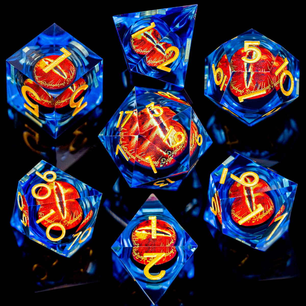 ARUOHHA DND Resin Dice Gazes Eye Dice Golden Blue Liquid Core Flaming RPG Sharp Edged Dice Set con Gift Box, Polyhedral D y D Dice Set compatible con Dungeons Dragons Role Playing Game D20 D6