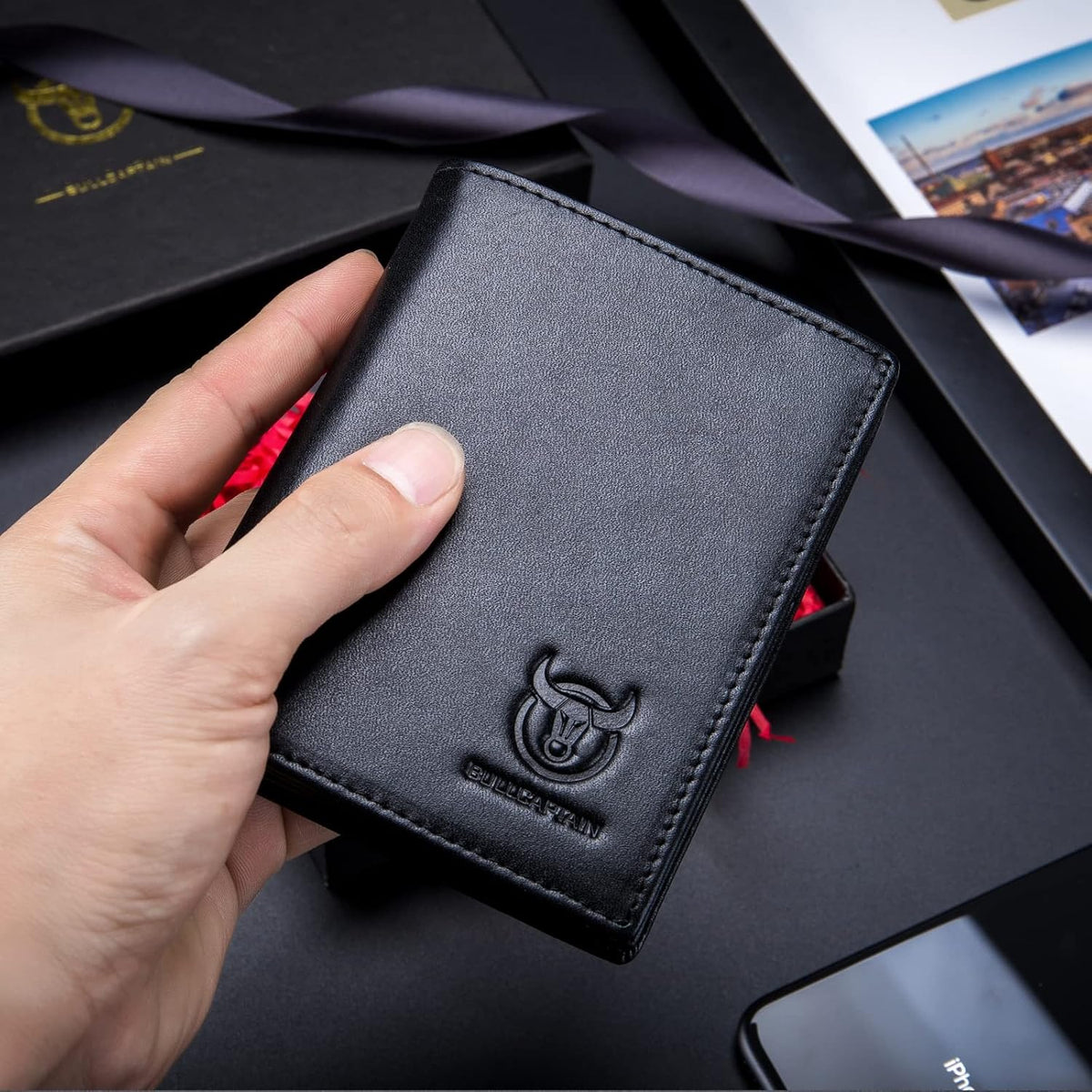 BULLCAPTAIN Cartera de cuero genuino plegable de gran capacidad para hombres con 15 ranuras para tarjetas QB-027