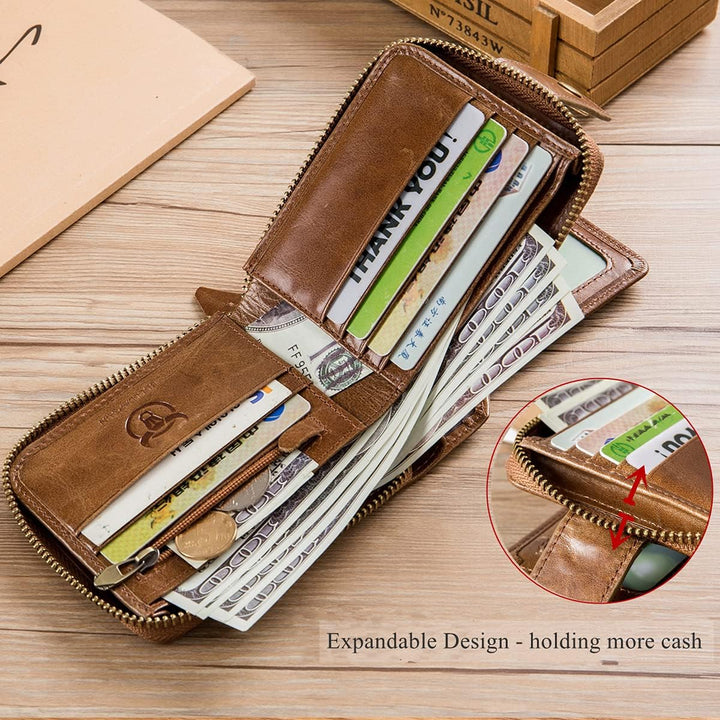 BULLCAPTAIN Cartera RFID de Cuero Genuino para Hombres de Gran Capa...