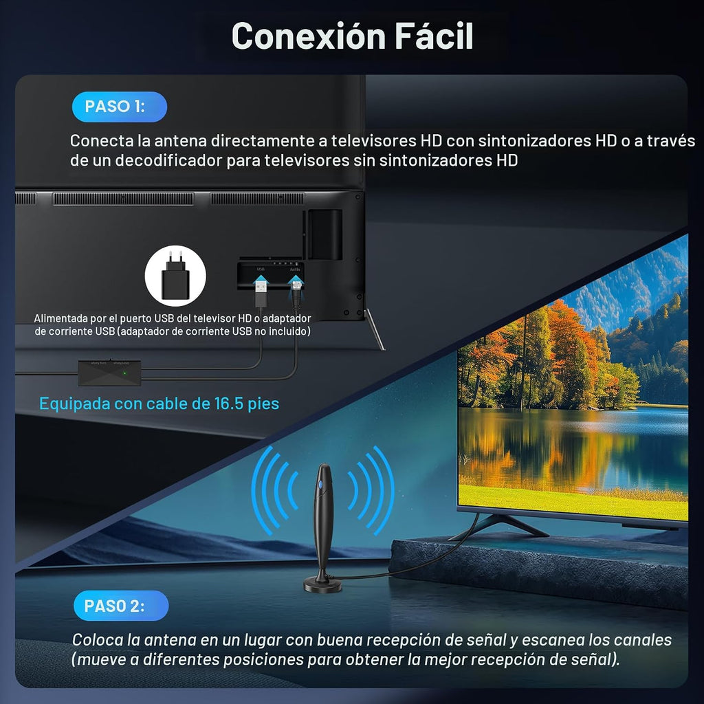 Antena de TV para Smart TV Interior, Antena Digital para Canales Locales, Soporte 4k 1080p con Base Magnética Fuerte, Recepción de Largo Alcance con Amplificador de Señal para TV Viejas/HD