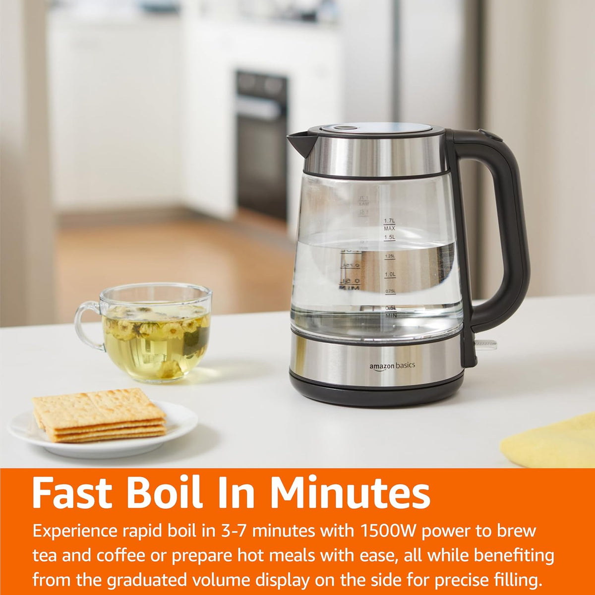 Amazon Basics Hervidor eléctrico con jarra de vidrio para té y café, sin BPA, de ebullición rápida, apagado automático, protección contra hervir, indicador de nivel de agua, 1.7 litros, 1500 W