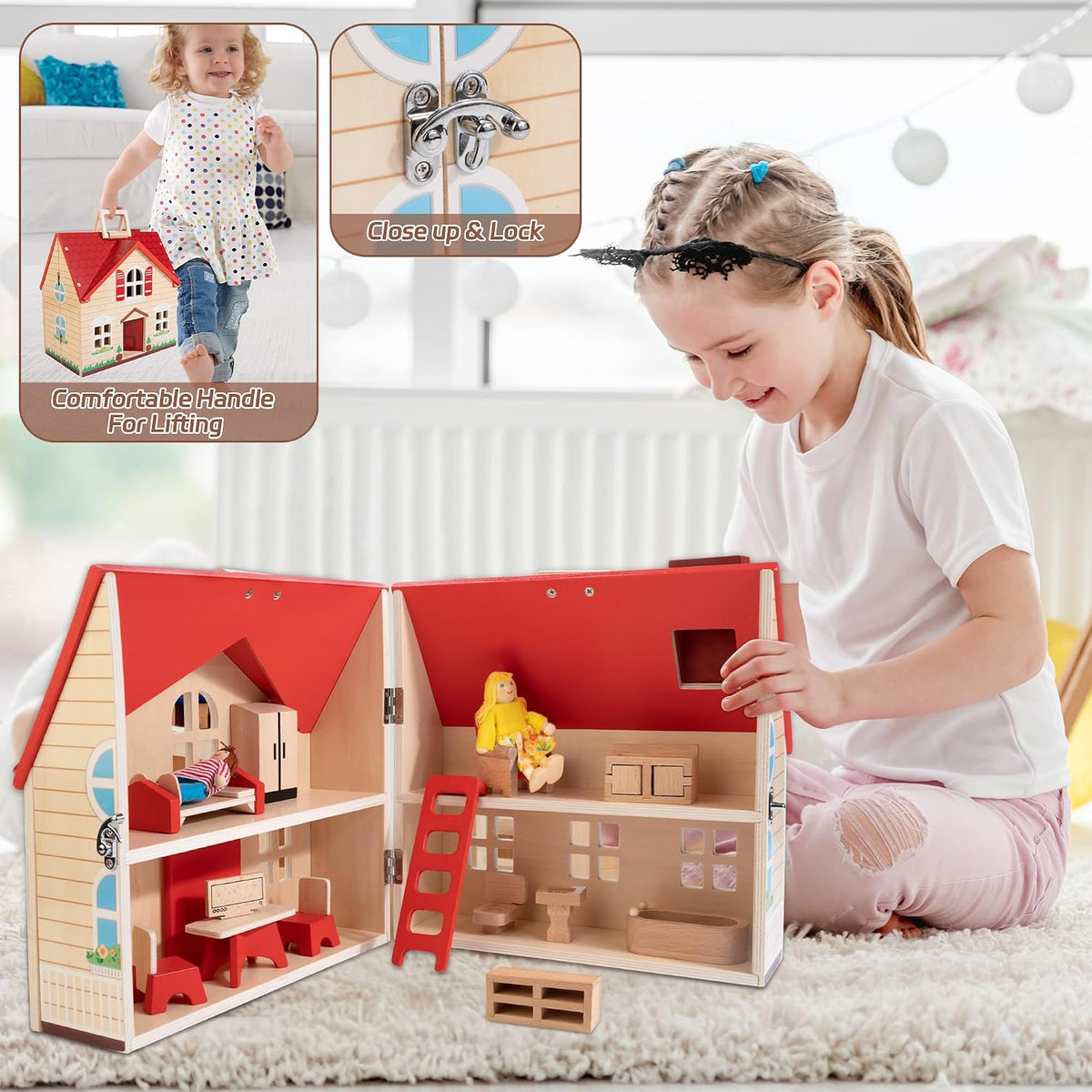 WOODMAM Casa de muñecas plegable de madera con muebles para juegos de