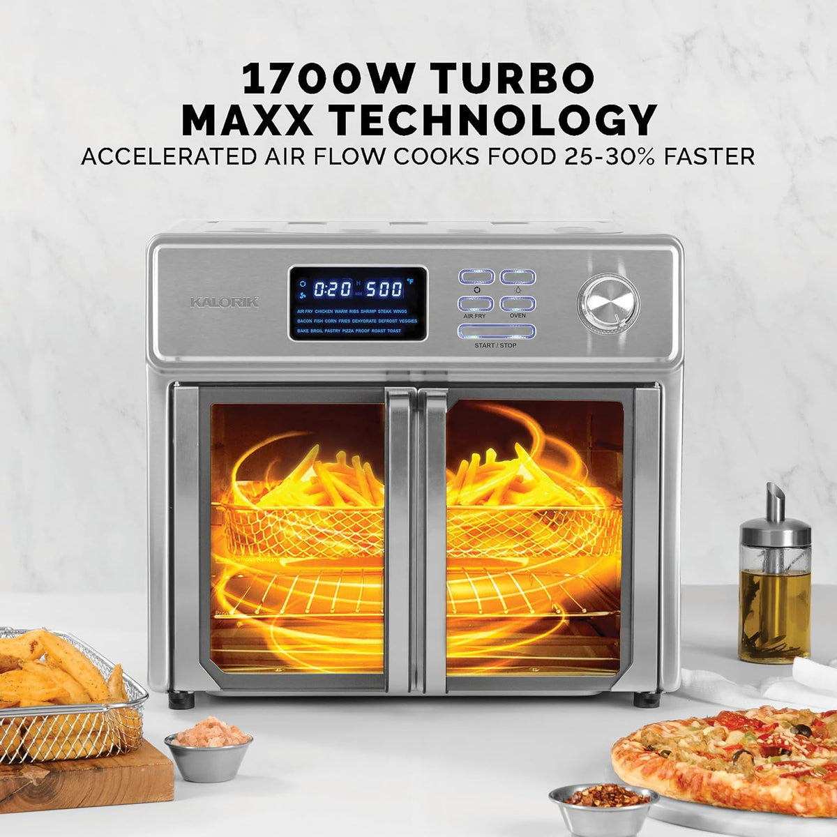 Kalorik MAXX - Horno freidora de aire, 26 cuartos de galón, tostador de encimera 10 en 1 y freidora de aire combo - Freír, hornear, asar, asador giratorio, y más, grandes puertas francesas de vidrio y