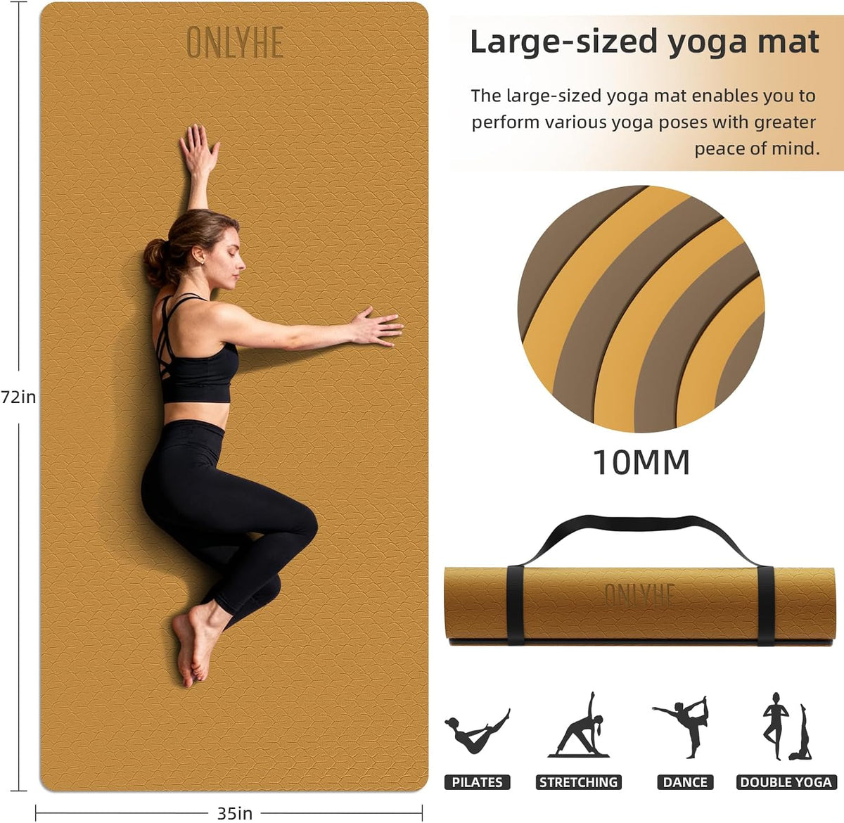 Tapete de yoga ancho de grosor (0.394 pulgadas), antideslizante, antidesgarros, tapete de pilates extra grande de 72 x 35 pulgadas para entrenamientos en casa, gimnasio y estiramiento de suelo con