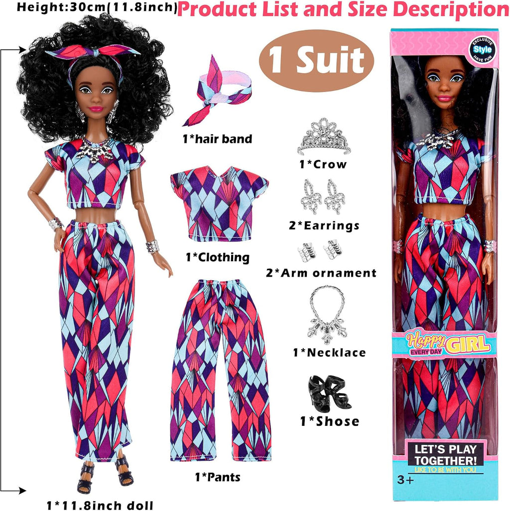 dollbie Juego de 6 muñecas de moda afroamericana con trajes para mezclar y combinar, muñecas negras posables de 11.5 pulgadas y 5 accesorios cada uno (corona, collar, pañuelo y más) + estuche de