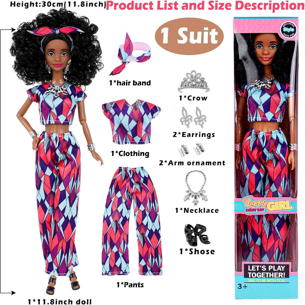 dollbie Juego de 6 muñecas de moda afroamericana con trajes para mezclar y combinar, muñecas negras posables de 11.5 pulgadas y 5 accesorios cada uno (corona, collar, pañuelo y más) + estuche de