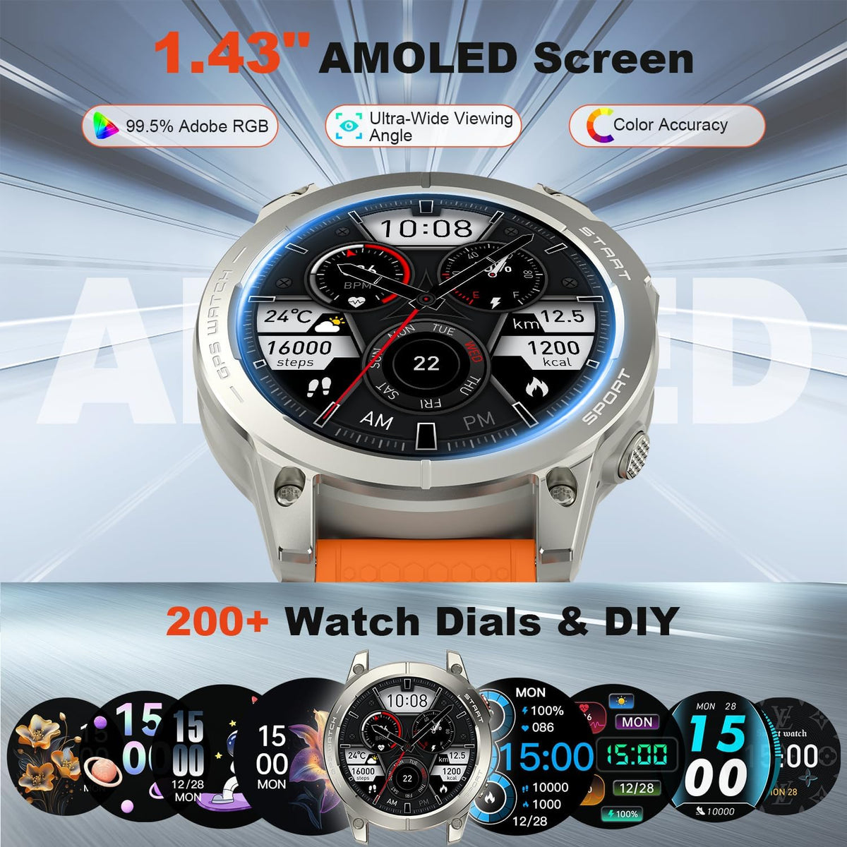 Reloj inteligente para hombre, rastreador de actividad física, GPS: relojes inteligentes militares para Android/iPhone Gps Watch 1.43 "AMOLED Hacer respuesta llamada Correr Relojes digitales para hombre, compatible con Samsung, monitor de corazón