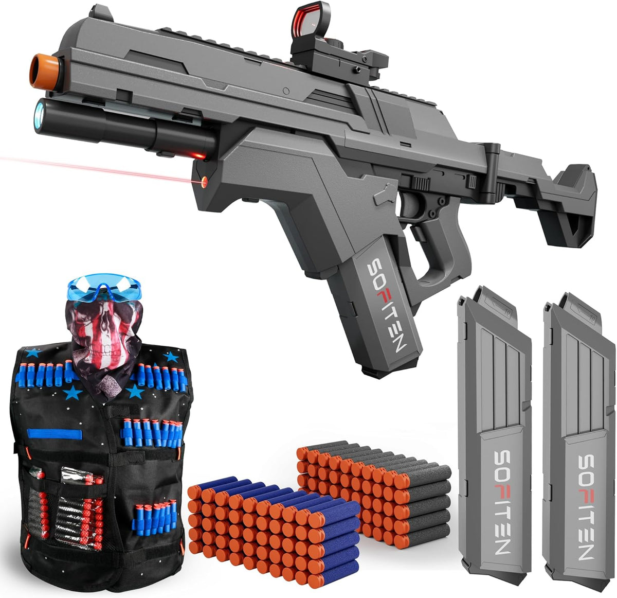 SOFITEN Pistola de juguete con rifle de francotirador automático, chaleco táctico de juguete de espuma con linterna, plegable, juego de actividades de disparo para niños de 8 a 12 años