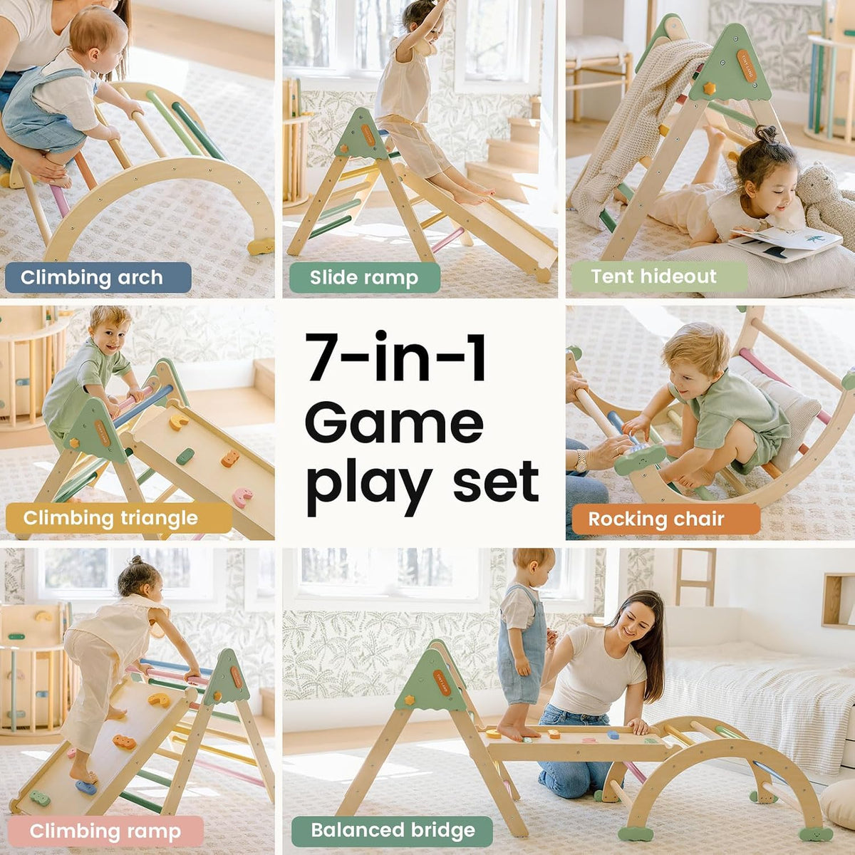 Tiny Land Conjunto de Triángulo Pikler, 7 en 1 plegable Montessori Escalada Juguetes