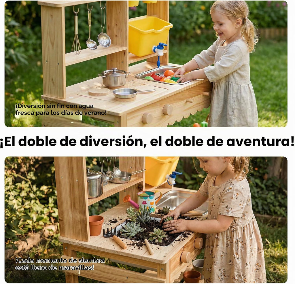Cocina de barro de madera para niños con grifo de trabajo y fregadero
