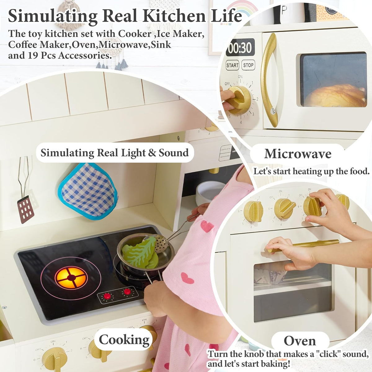 Cocina de madera para niños con luces y sonidos, diseño moderno