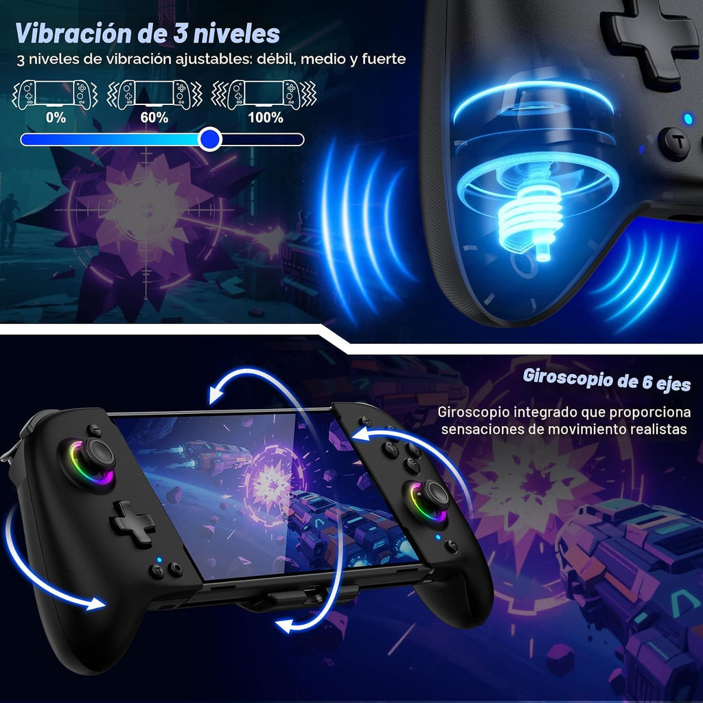 Gammeefy Control de Switch – Joysticks de Efecto Hall y agarre mejorado – Reemplazo de mando único para Switch Joypad con 8 iluminación RGB en color, Turbo, Macros - Negro, 6.2"/7"
