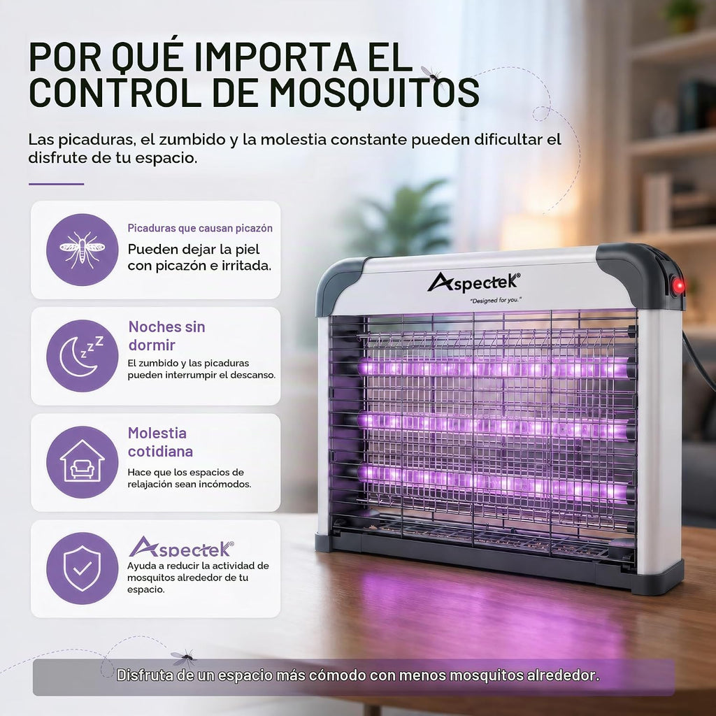 Lámpara ASPECTEK Exterminador de insectos LED de doble espectro para interiores, rejilla eléctrica de alto voltaje para mosquitos y moscas, 3 lámparas LED UV de larga duración de 395 nm, mata mosquitos