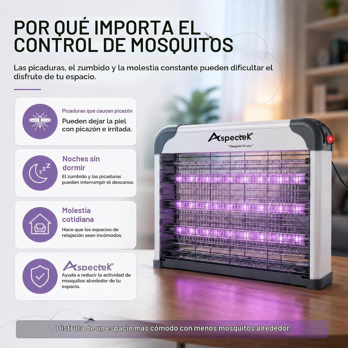 Lámpara ASPECTEK Exterminador de insectos LED de doble espectro para interiores, rejilla eléctrica de alto voltaje para mosquitos y moscas, 3 lámparas LED UV de larga duración de 395 nm, mata mosquitos