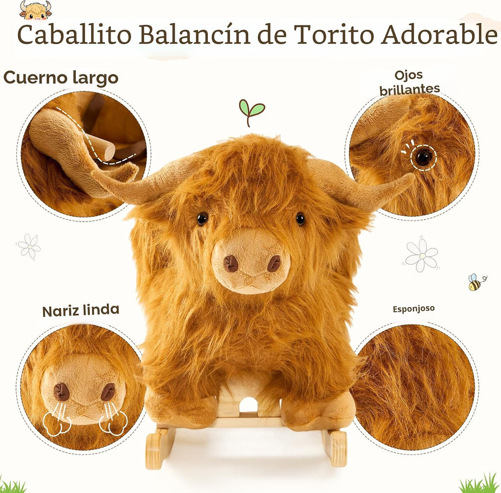 Caballo mecedora bebé, caballo de madera de ganado Highlander para niños de 1 año lindo vaca de peluche suave cabalgadura juguete mecedora animal para bebés niños y niñas regalo de guardería/niño