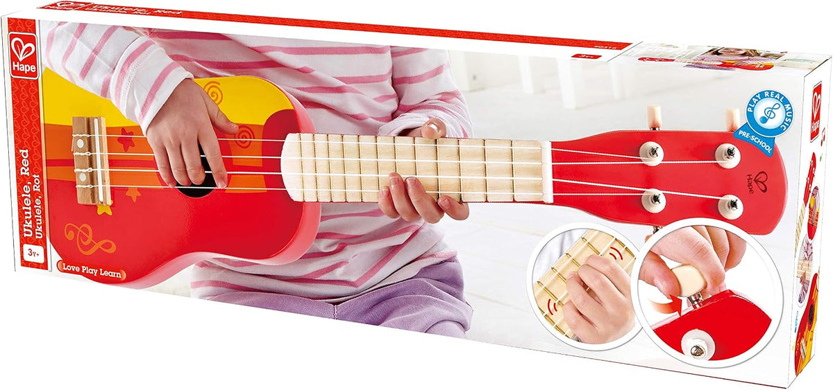 Hape - Ukelele de juguete de madera para niños, rojo