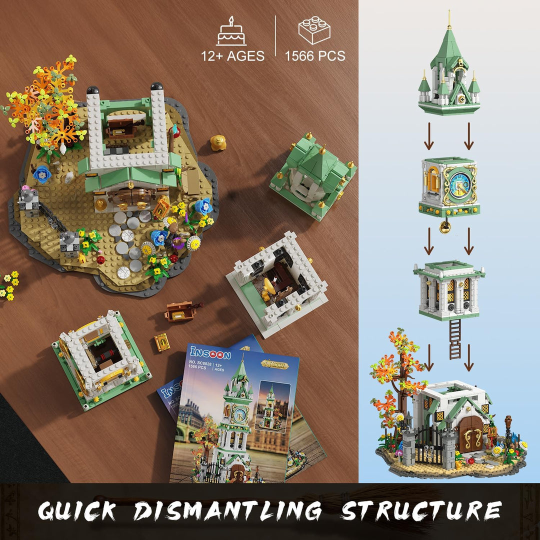 Juego de construcción de torre de reloj mágico con luz