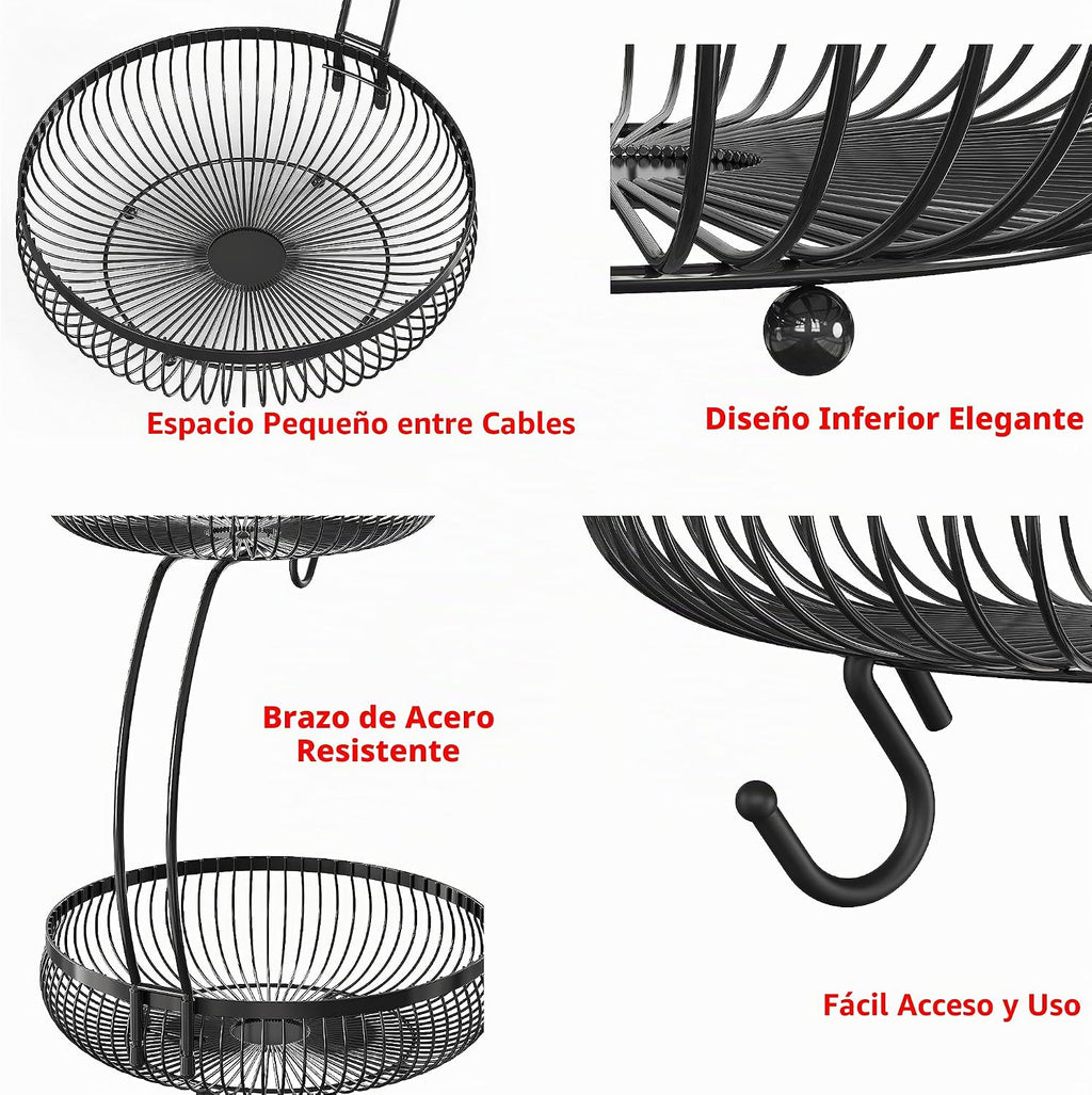 Simple Houseware Cesta de frutas de 2 niveles para encimera con colgador de plátano, color negro