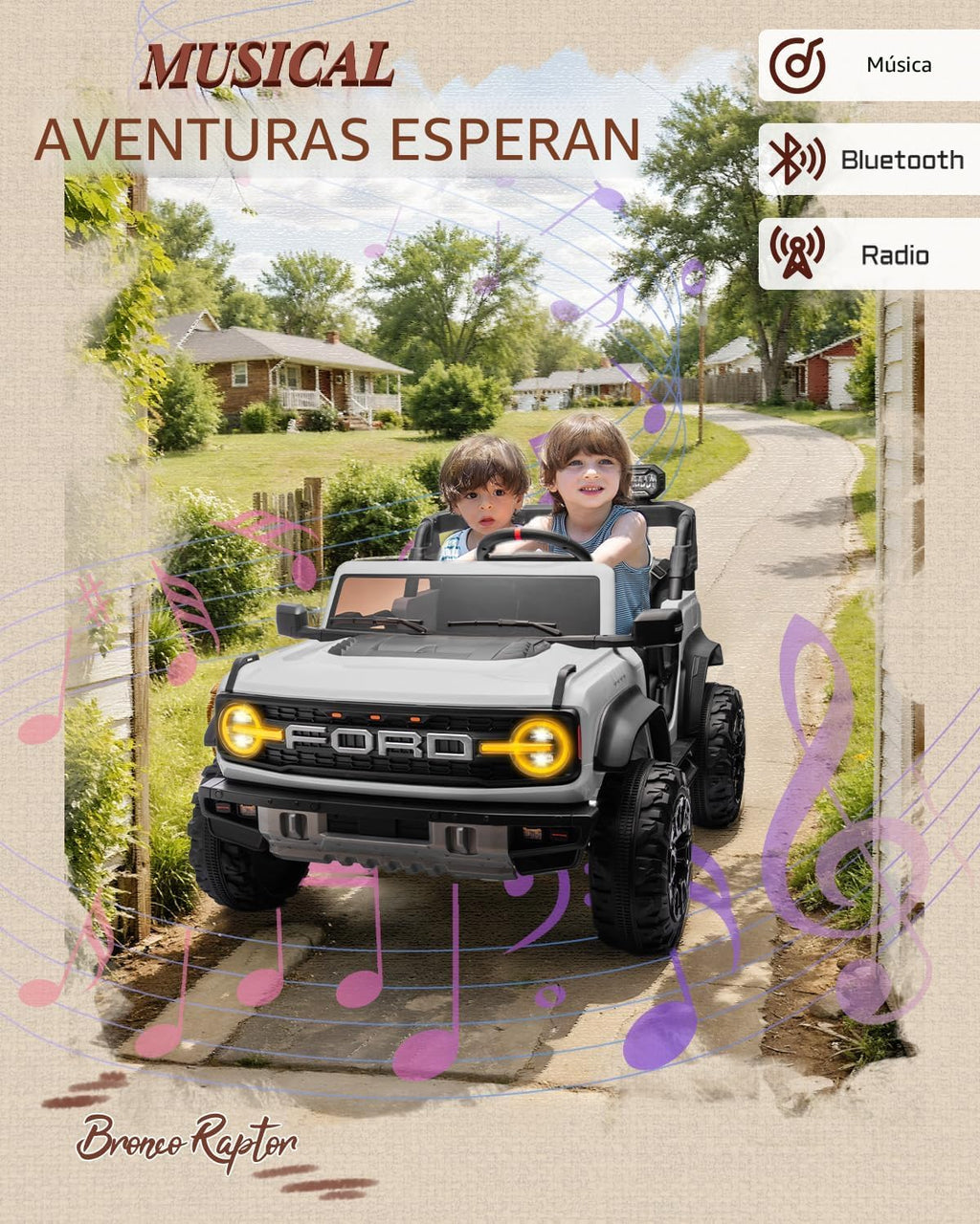 First Ride On - Coche de juguete con licencia Ford Bronco Raptor de 24 V y 2 plazas para niños, coche eléctrico con batería, control remoto con luces LED, música, alta y baja velocidad (24 V, blanco)