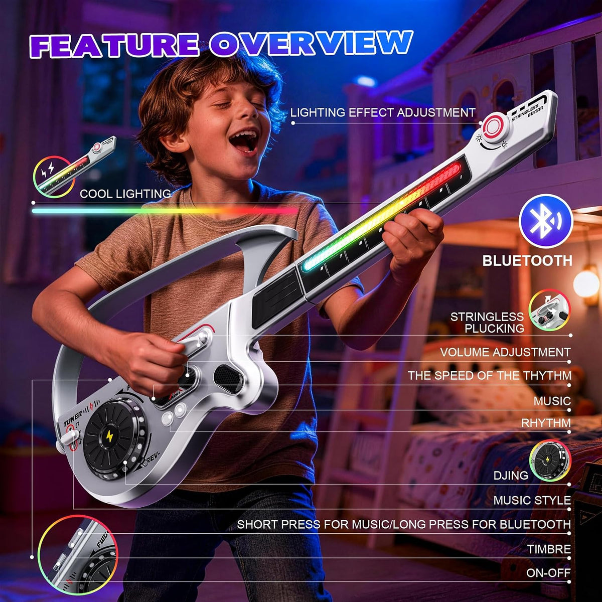 Guitarra eléctrica multifuncional de 27.6 pulgadas para niños, instrumento musical recargable 4 en 1 con luz LED, Bluetooth, mezclador de DJ, negro