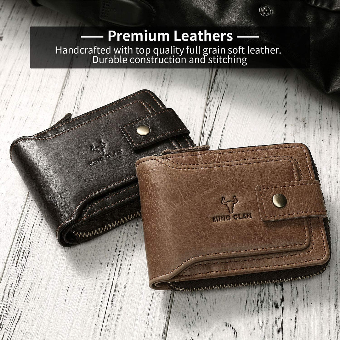 MING CLAN Cartera con cremallera para hombre, piel tabaco, bloqueo...