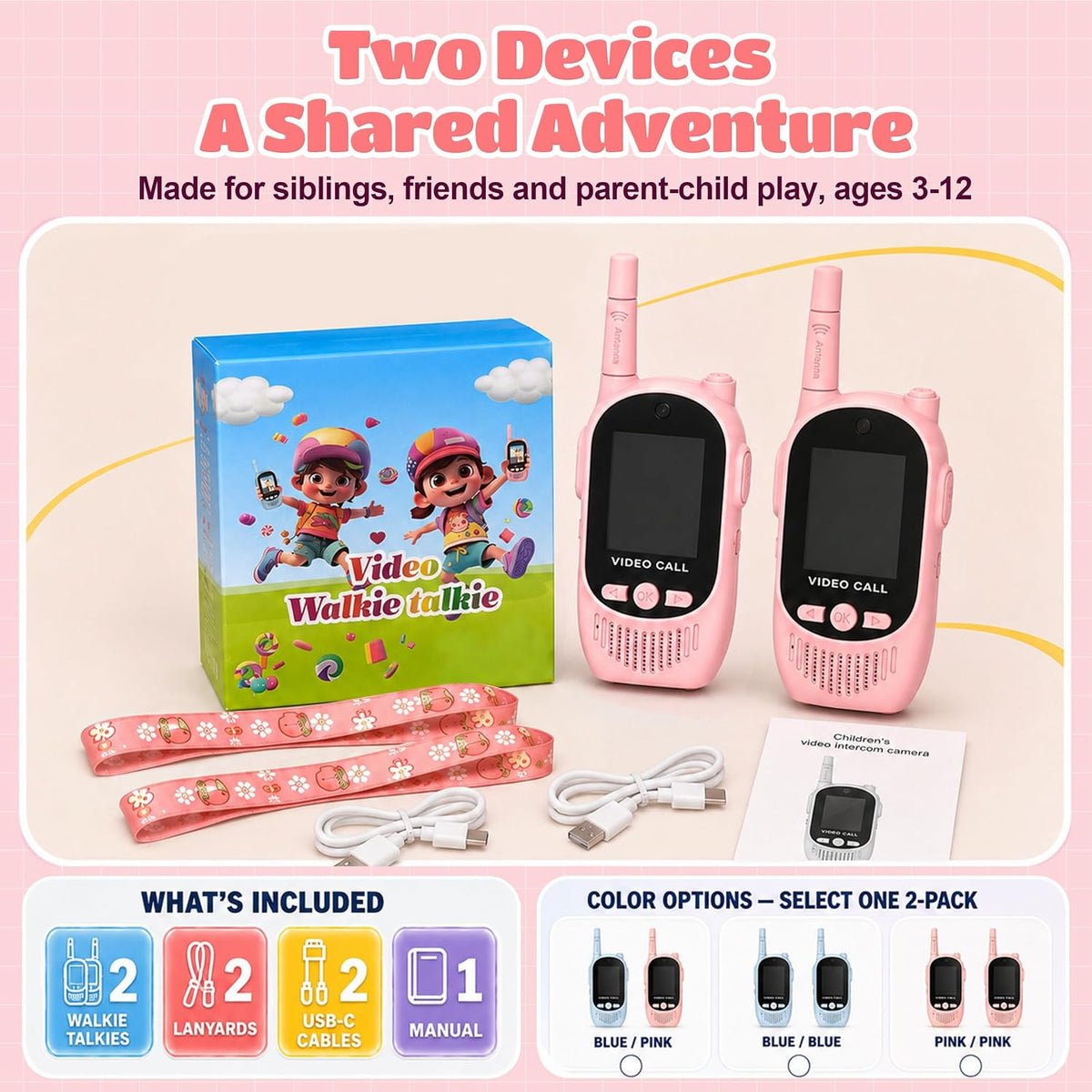 Walkie Talkies de video para niños, paquete de 2 walkie talkies recargables con cámara y pantalla, radios bidireccionales de largo alcance para acampar en interiores y exteriores, regalos para niñas y