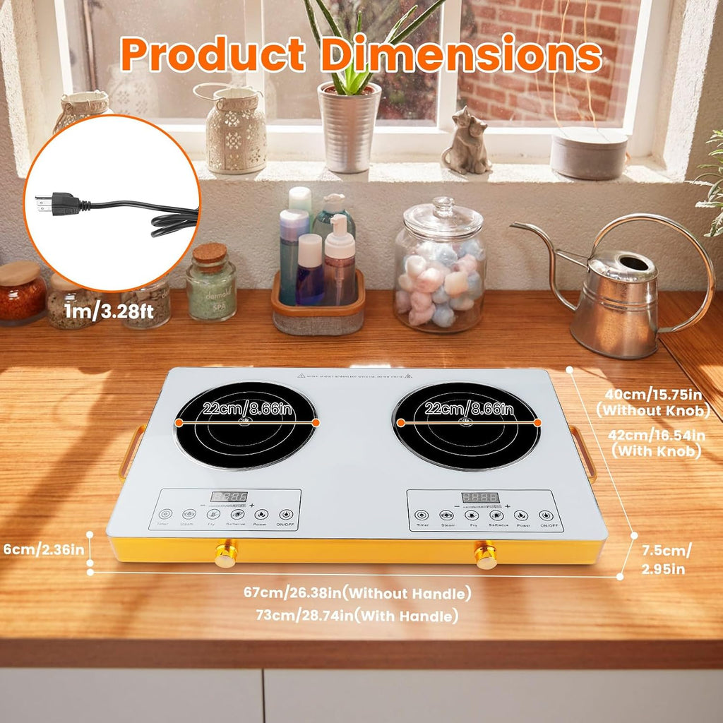 Placa eléctrica de cerámica doble de 7000 W, estufa de encimera de doble quemador, placa infrarroja con 11 niveles de potencia, temporizador de 0 a 4 horas, mango portátil, pantalla LED para cocina