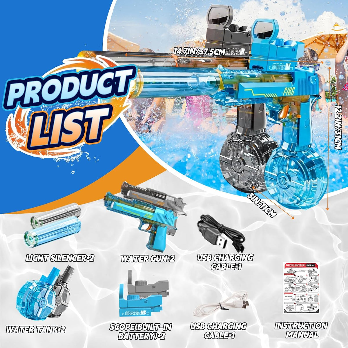 Pistola de agua eléctrica, pistola automática para niños, adultos (azul y