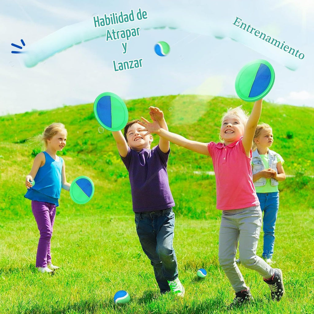 Charniol Juego de lanzar y atrapar para niños, verde y azul, 12 paletas y 6