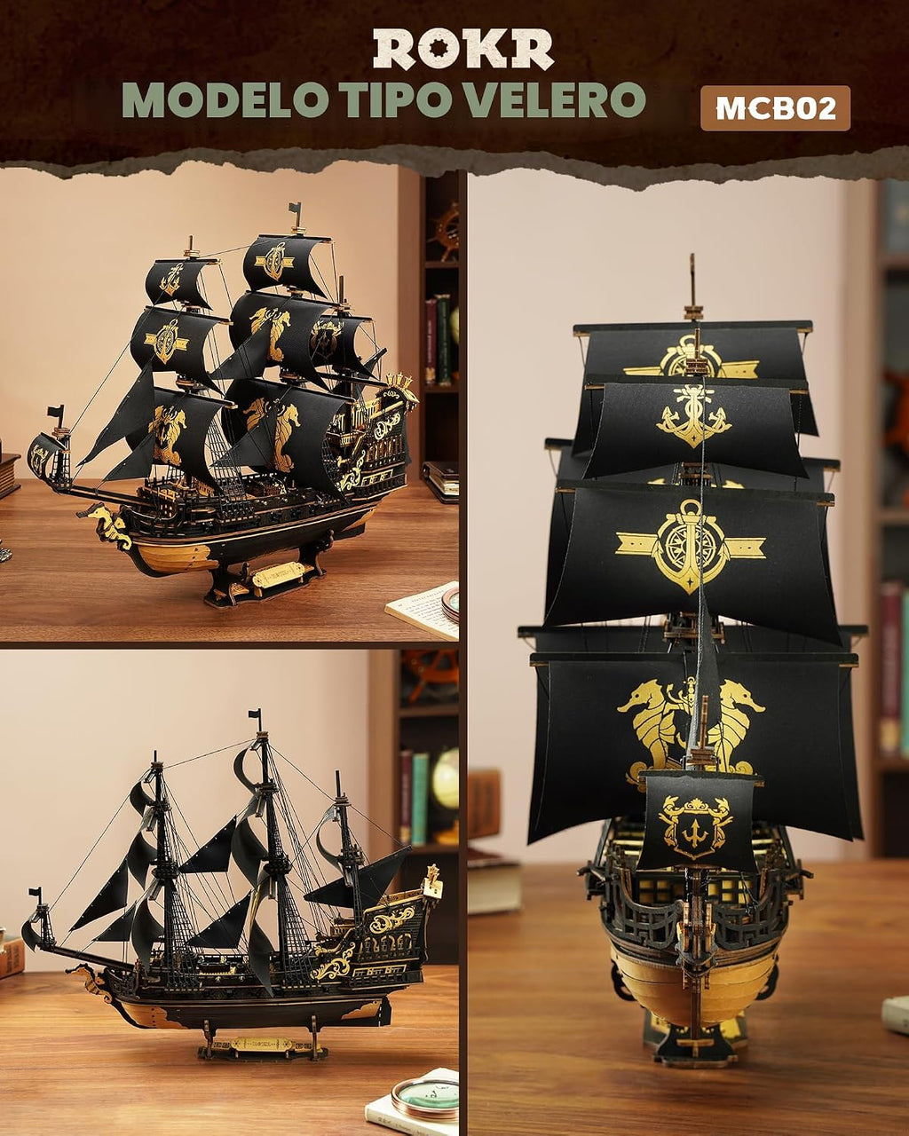 ROKR Seahorse Barque - Rompecabezas de madera 3D para adultos, kit de modelo de velero, ensamblaje de 603 piezas, velero a escala 1:100 MCB02