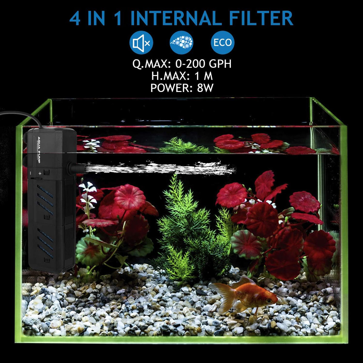 Filtro interno sumergible para acuario de 12 W, filtro ajustable para pecera con bomba de agua de 320 GPH para peceras de 50 a 150 galones