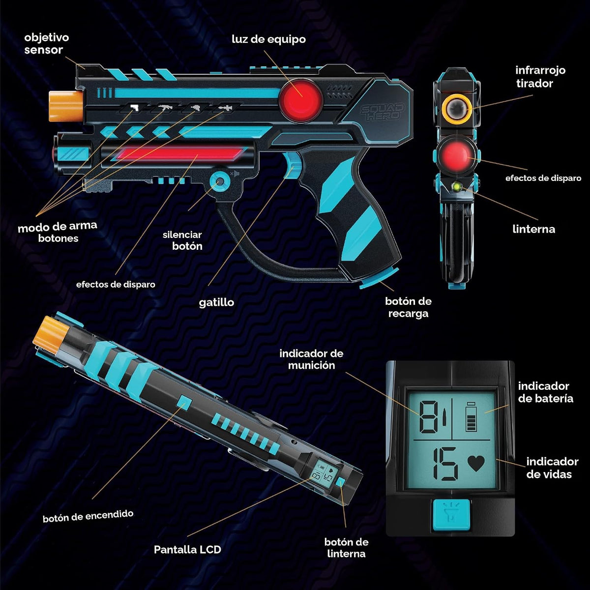 Squad Hero Sensores láser recargables de 360° + LCDs - Juego de 4 ideas de regalo de cumpleaños para niños, adolescentes y adultos, niños y niñas, diversión familiar - Actividad de grupo Lazer para