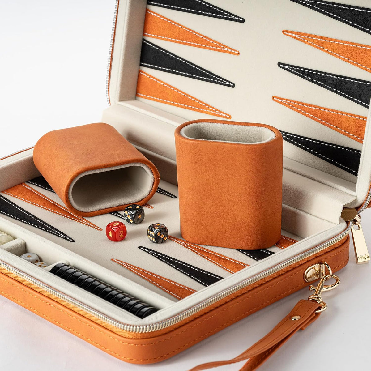 Juegos de backgammon para adultos y niños, tablero clásico de backgammon con dados de damas únicos, funda plegable de piel sintética de backgammon (naranja)