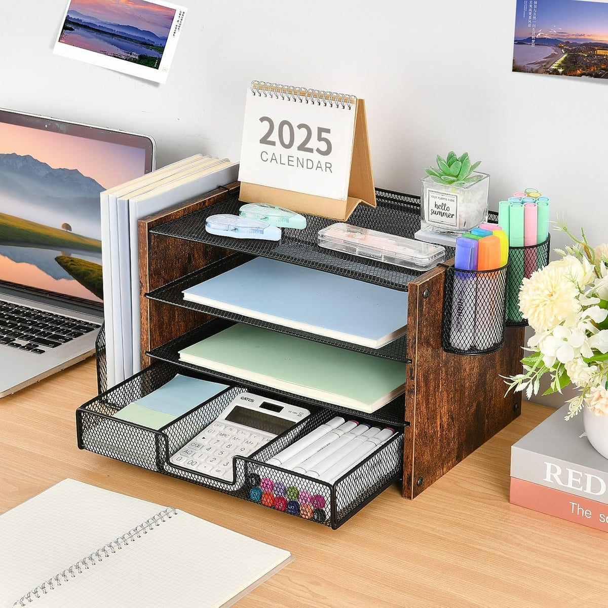 Organizador de escritorio, organizador de archivos de escritorio de 4 niveles con cajón y soportes para bolígrafos, accesorios de escritorio de oficina, clasificadores de archivos