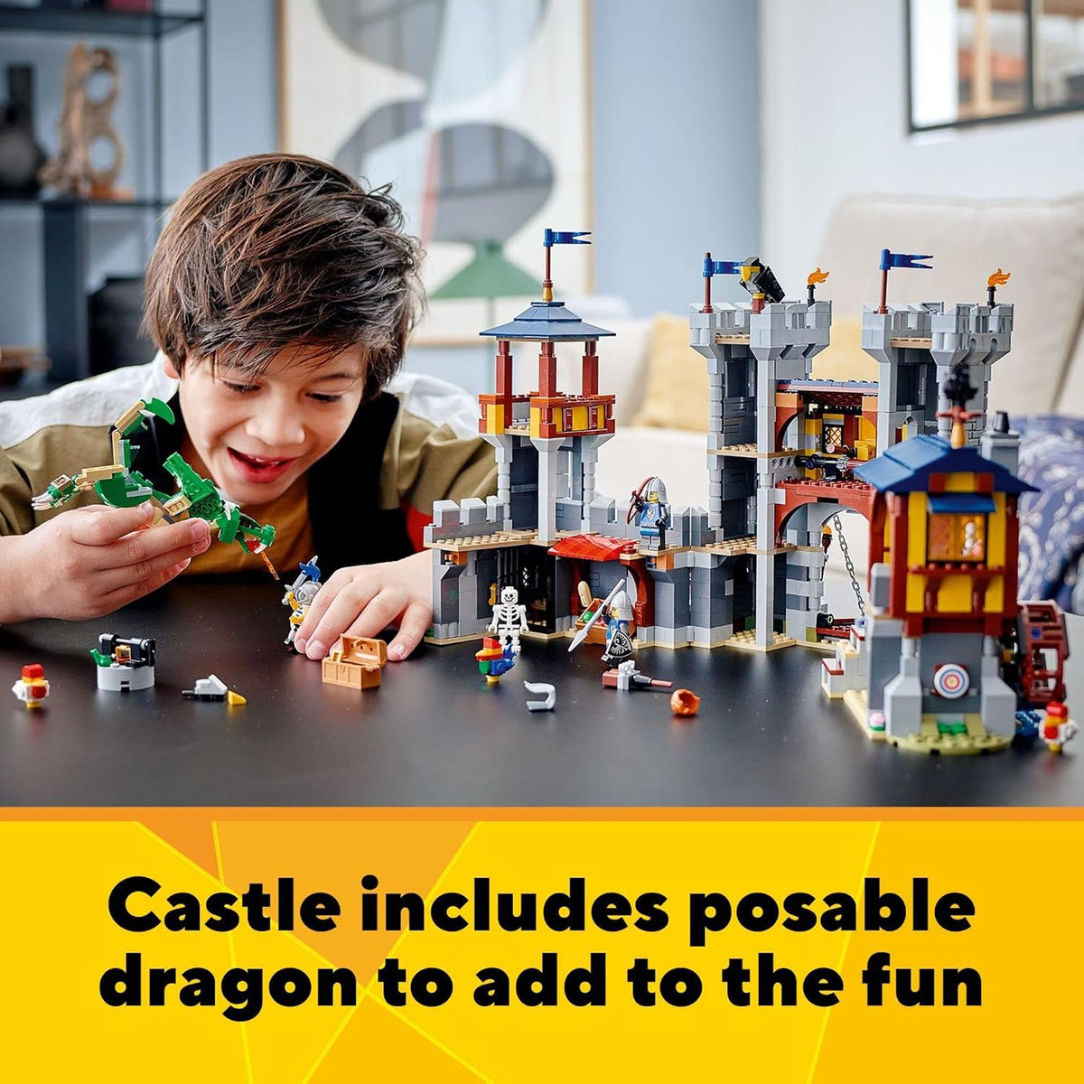 LEGO Creator 3 en 1 - Juguete de castillo medieval que se transforma de castillo a torre en mercado, incluye figura de esqueleto y dragón, con 3 minifiguras y catapulta, 31120