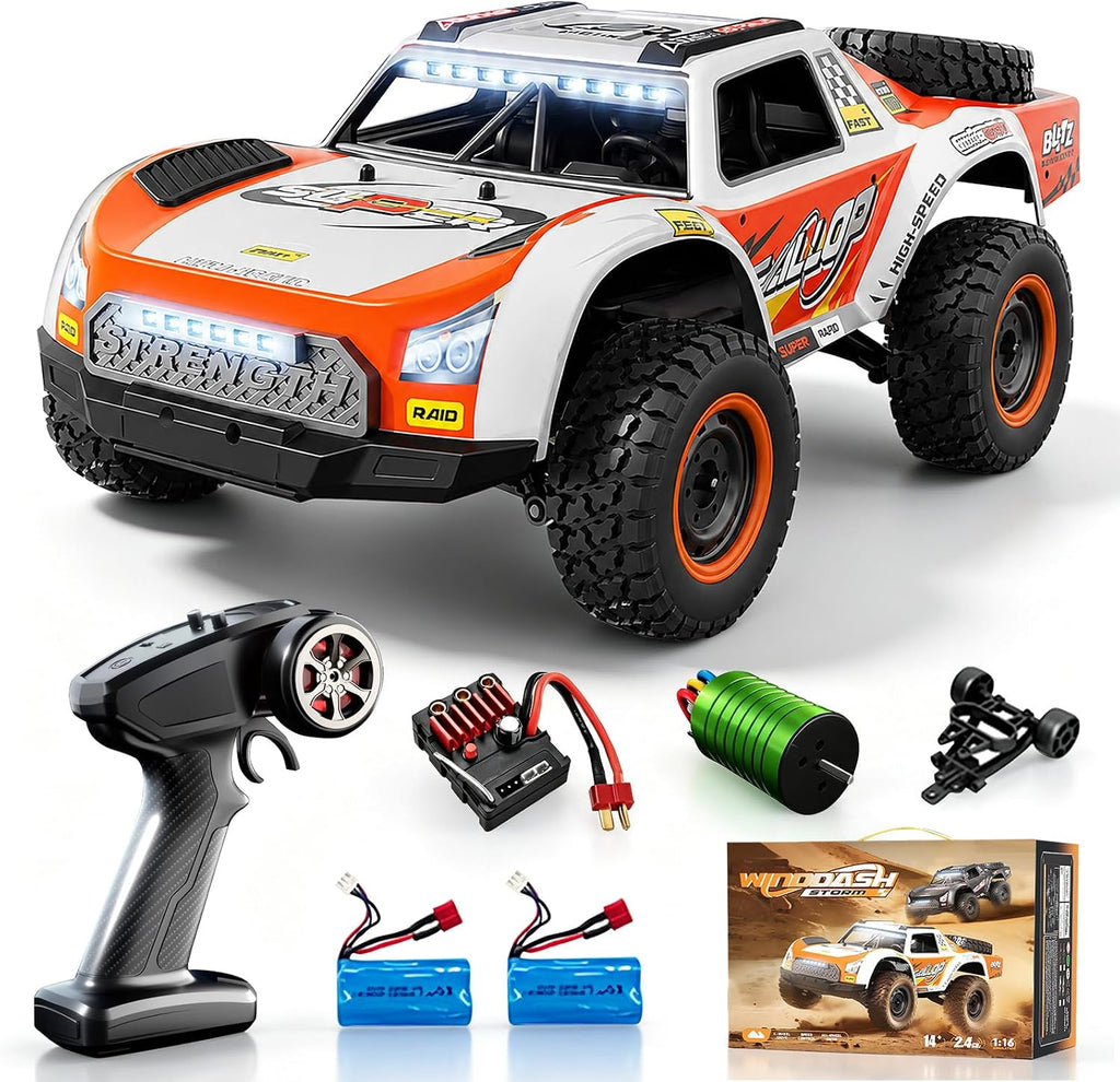 Autos RC rápidos sin escobillas 1/16 para adultos Fast 50+ KMH 4WD Off-Road de alta velocidad sin escobillas de control remoto con 2 baterías LiPo de 7.4V 2000mAh