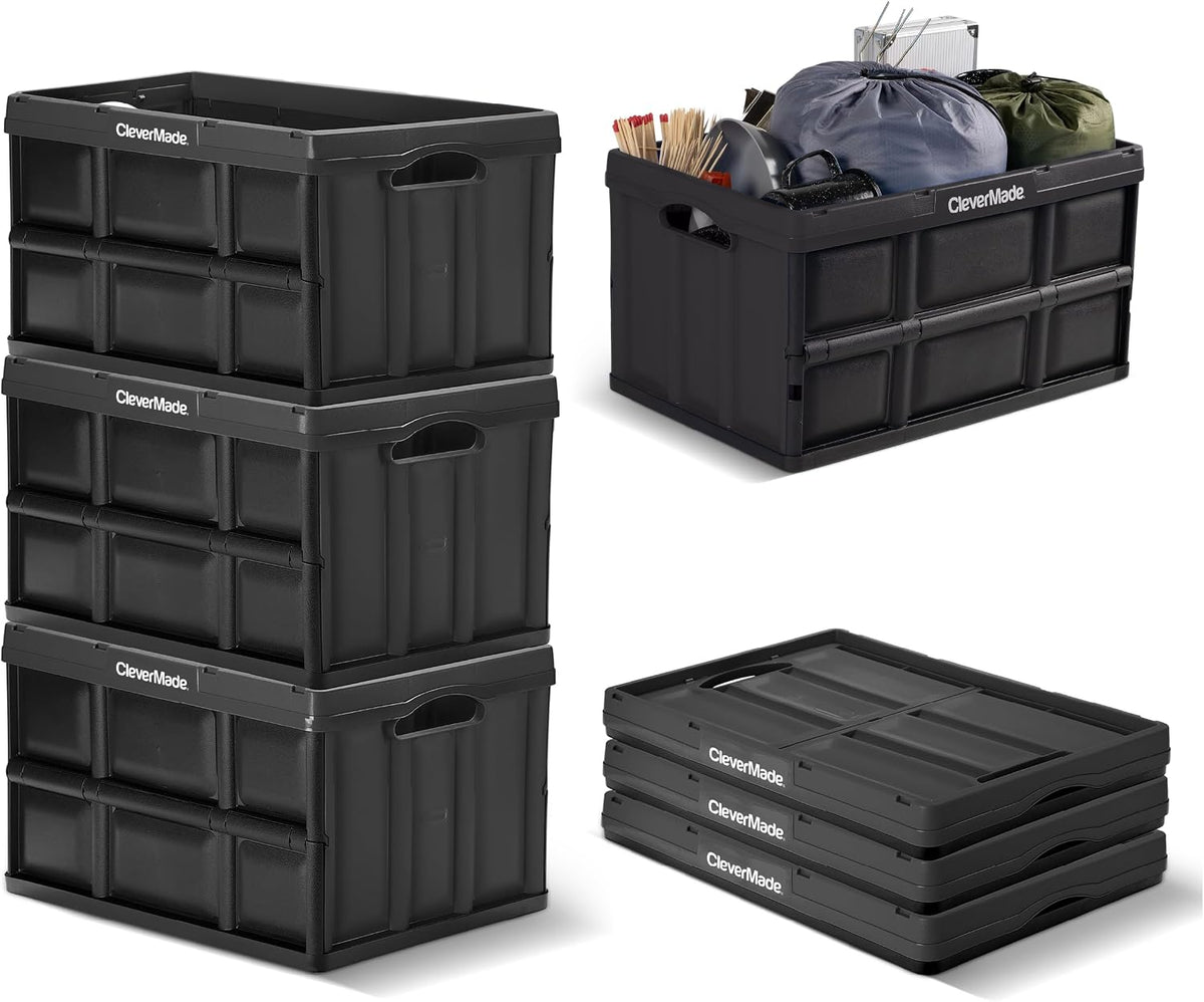 CleverMade - Contenedores de almacenamiento plegables, 62L, paquete de 3, apilables, 100 libras, obsidiana