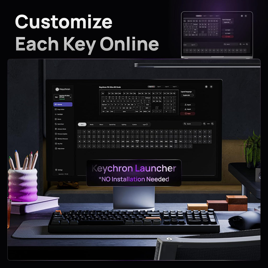 Keychron P6 Ultra Teclado Mecánico Inalámbrico de Aluminio tamaño completo, Tasa de sondeo 8K, 2.4 GHz/Bluetooth/Con cable, RGB personalizable, Hot-Swappable con Switch Silk POM Red para Mac Windows Linux - Negro